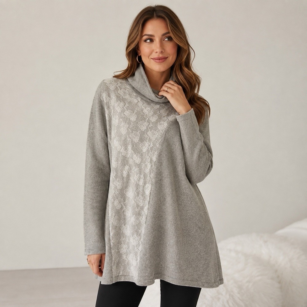Soft Surroundings Wool Blend Claude Tunic Sweater 1X Gray Lace Turtleneck 55806